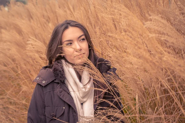 Ung vacker flicka poserar i ett torrt gräs — Stockfoto