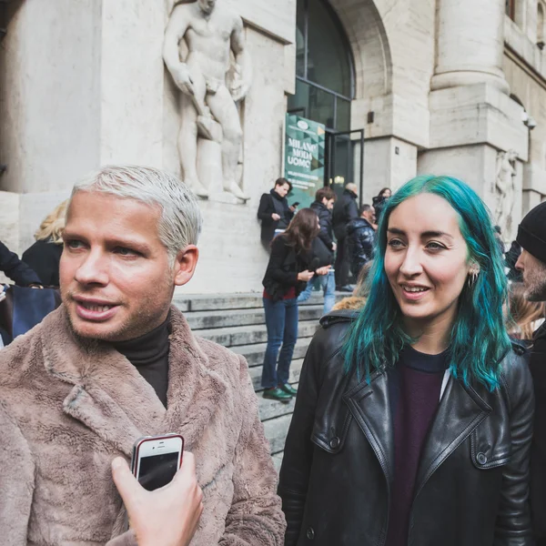 People outside Ferragamo fashion show building for Milan Men's Fashion Week 2015 — Stock Photo, Image