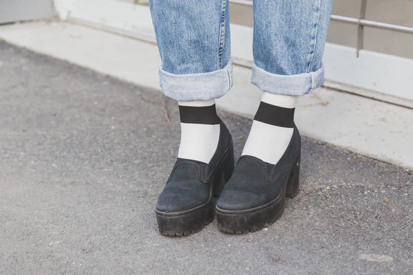 Detail of shoes outside Dirk Bikkembergs fashion show building for Milan Men's Fashion Week 2015 — Stock Photo, Image