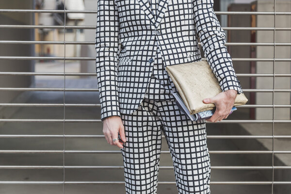 Detail of a bag outside Dirk Bikkembergs fashion show building for Milan Men 's Fashion Week 2015
