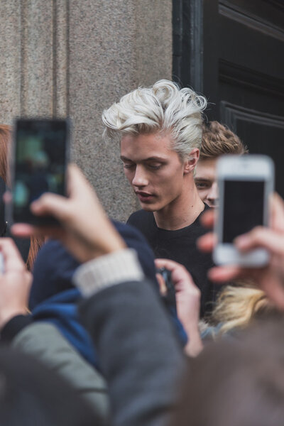 Model Lucky Blue Smith outside Cavalli fashion show building for Milan Men 's Fashion Week 2015
