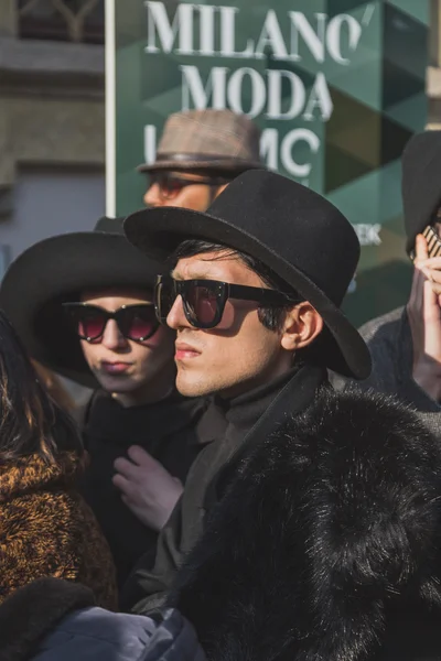 People outside Cavalli fashion show building for Milan Men's Fashion Week 2015 — Stock Photo, Image