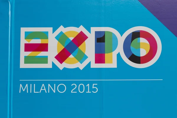 Detail of Expo logo at Bit 2015, international tourism exchange in Milan, Italy — Stock Photo, Image