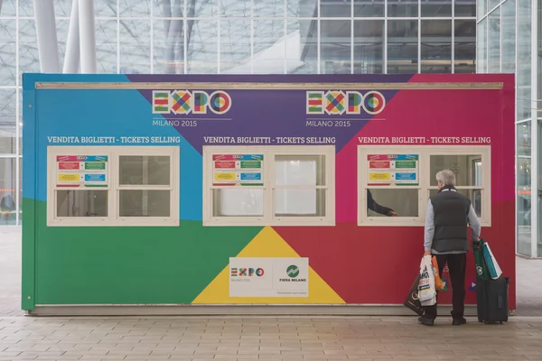 Expo tickets selling booth at Bit 2015, international tourism exchange in Milan, Italy — Stock Photo, Image