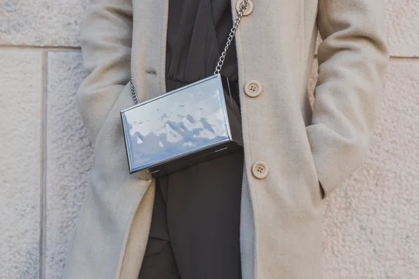 Detail of bag outside Cristiano Burani fashion show building for — Stock Photo, Image