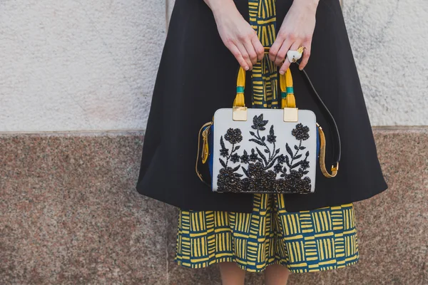 Detail of bag outside Cristiano Burani fashion show building for — Stock Photo, Image