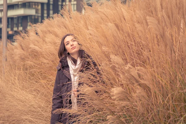 Молодая красивая девушка позирует на сухом травяном поле — стоковое фото