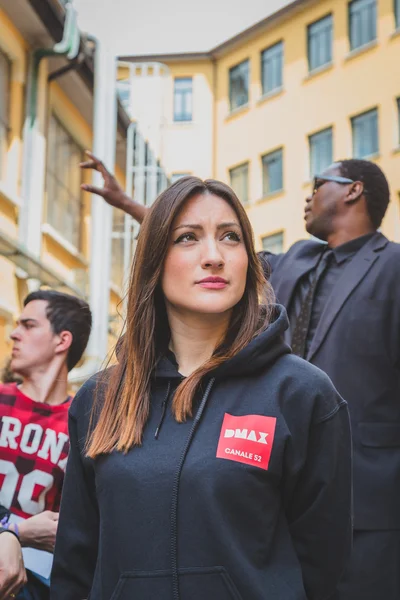 Girl working for DMax channel at Fuorisalone during Milan Design — Stock Photo, Image