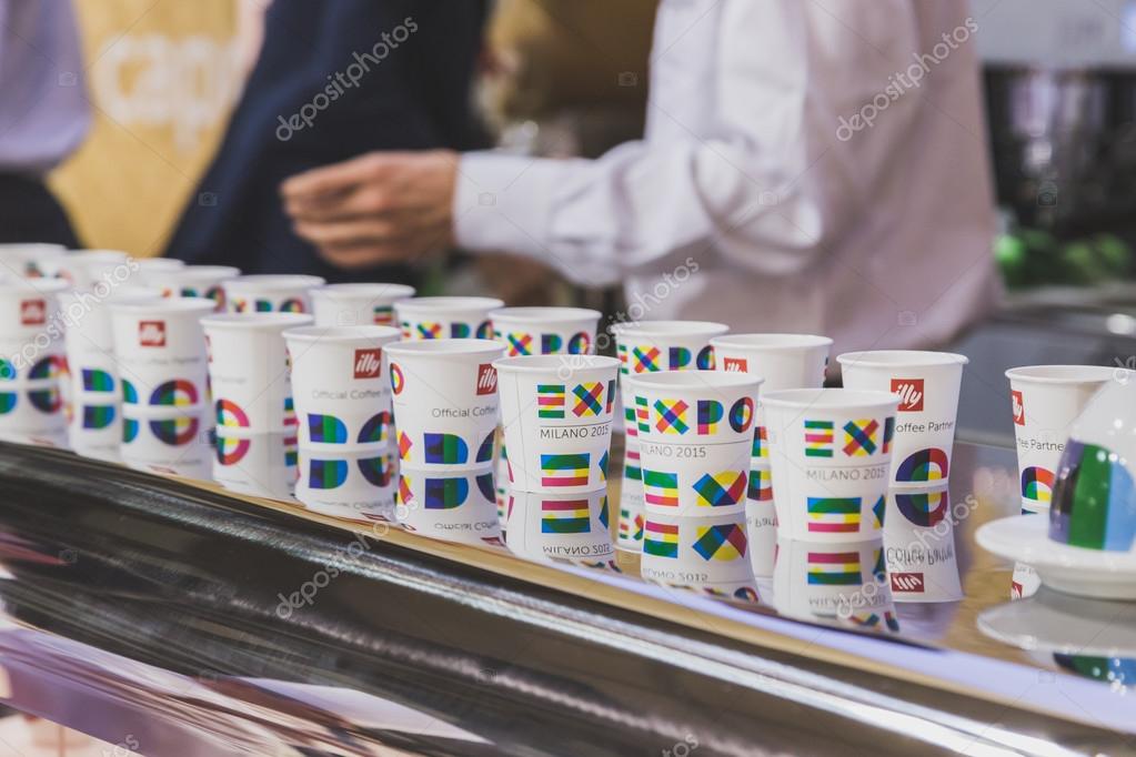 MILAN, ITALY - MAY 4: Paper cups with Expo logo at Tuttofood, world food exhibition on MAY 4, 2015 in Milan.