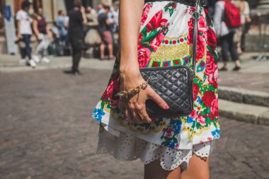 Detail of bag outside Missoni fashion show building for Milan Me