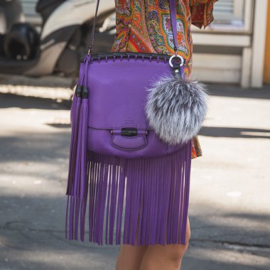 Detail of bag outside Emporio Armani fashion show building in Mi