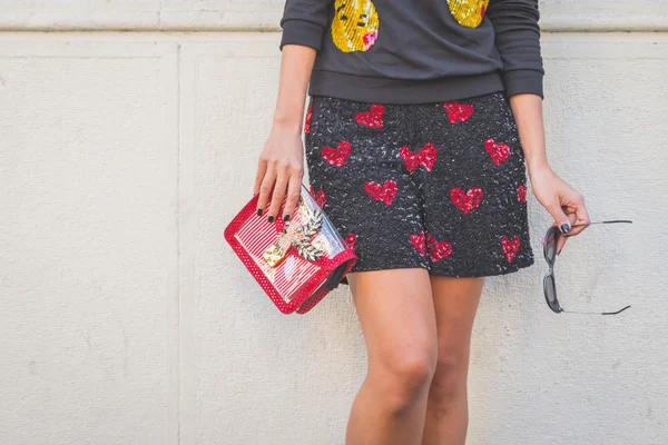 Detail of bag outside Etro fashion show building in Milan, Italy — Stock Photo, Image