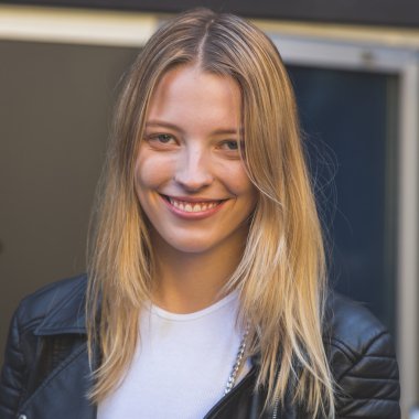Gorgeous model posing outside Iceberg fashion show building in M