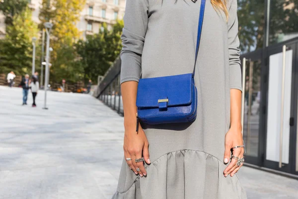 Detail of bag outside Colangelo fashion show building in Milan, — Stockfoto