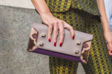 Detail of bag outside Ferragamo fashion show building in Milan,