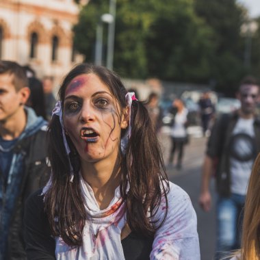 People take part in the Zombie Walk 2015 in Milan, Italy
