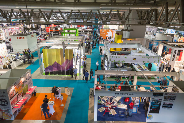 Top view of booths and people at Viscom 2015 in Milan, Italy