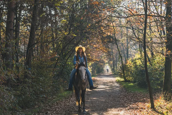 Pretty girl riding her grey horse — Stock Photo, Image