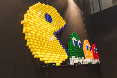 Pacman made of building bricks at G come giocare in Milan, Italy