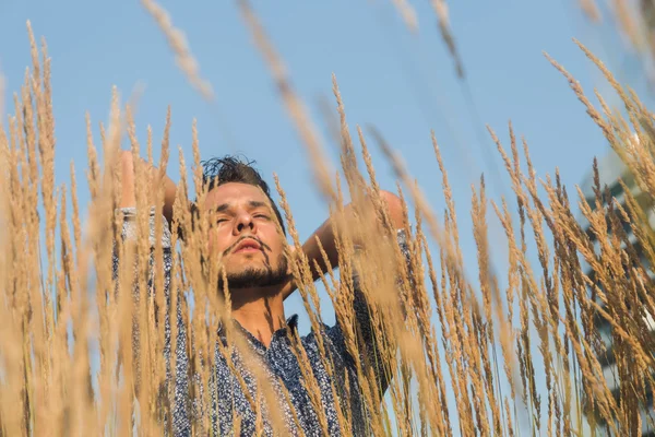 Jovem bonito homem posando em um campo — Fotografia de Stock