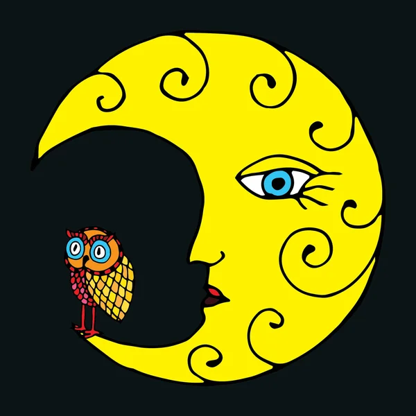 Лунная иллюстрация с красно-жёлтой совой — стоковый вектор