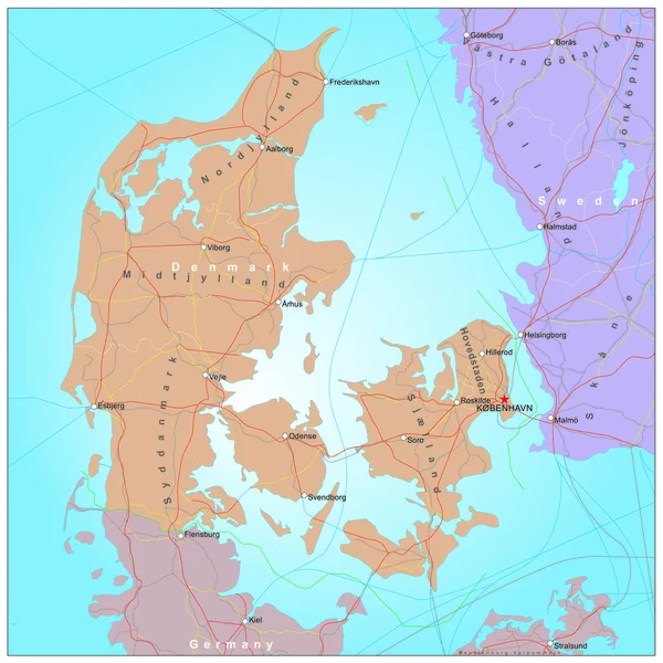 Mappa stradale e amministrativa della Danimarca — Vettoriale Stock