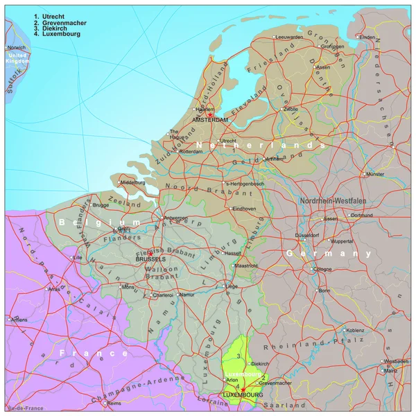 Yol ve Belçika ve Hollanda yönetim Haritası