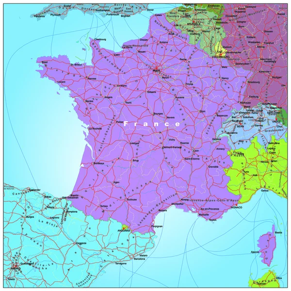 Mapa vial y administrativo de Francia Ilustración de stock