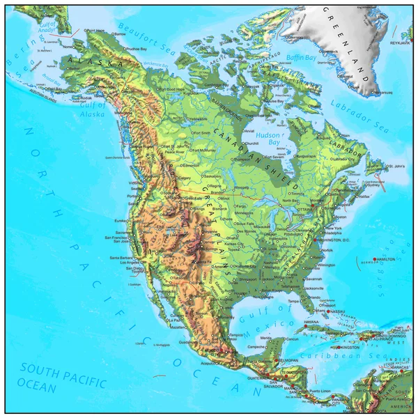 America del Nord mappa del continente fisico — Vettoriale Stock