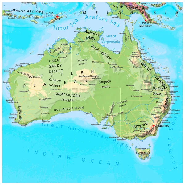 Australien fysisk kontinenten karta Royaltyfria Stockvektorer