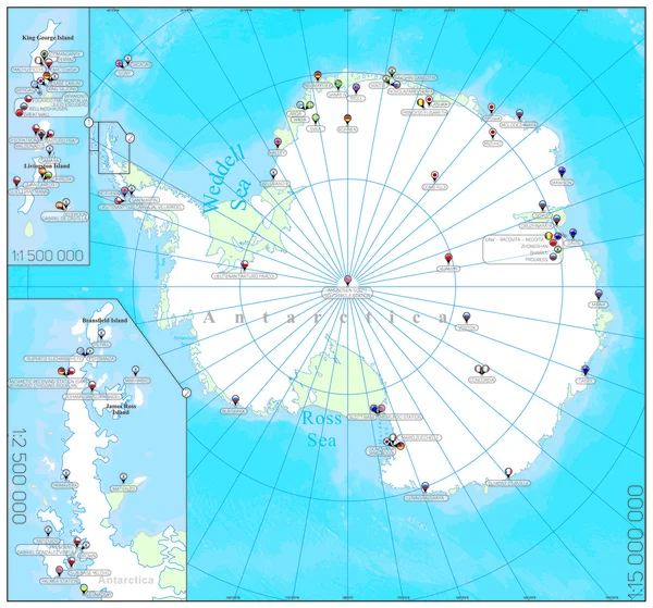 Bandeiras de países marcados no mapa da Antártida Vetores De Bancos De Imagens