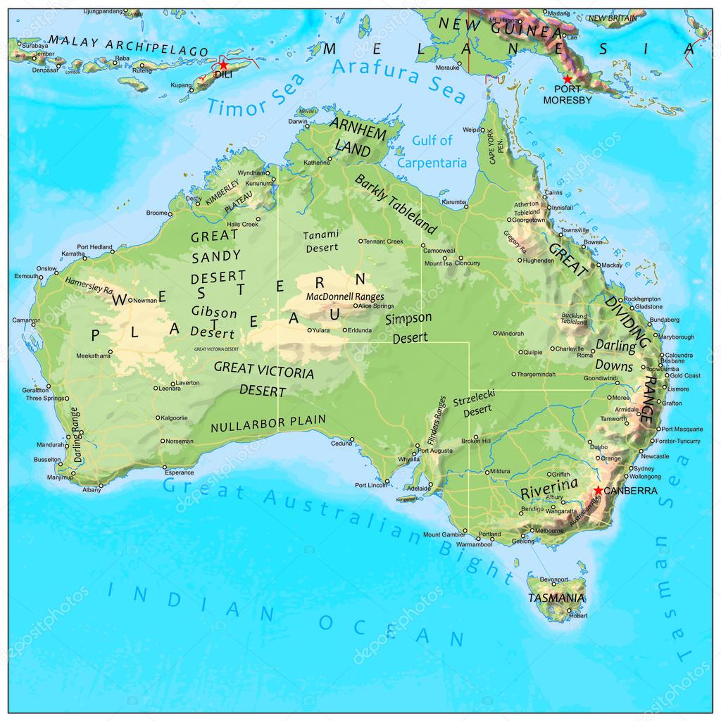 Australia I Oceania Mapa Fizyczna Australia mappa del continente fisico - Grafica Vettoriale © BenKenogy