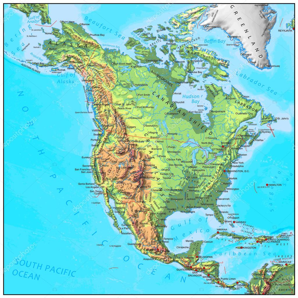 América Del Norte Mapa Del Continente Físico Vector Gráfico Vectorial © Benkenogy Imagen 79205072