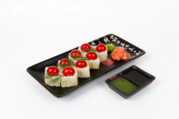 Image of tasty sushi set with salmon and tomato — Stock Photo, Image