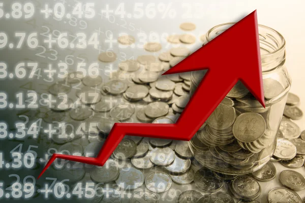 Banca di monete con cifre e diagramma — Foto Stock