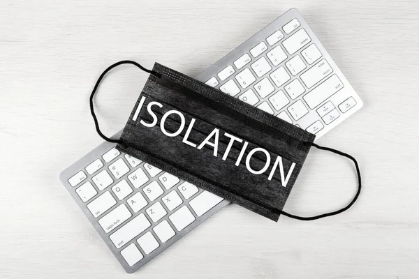Medical Mask Inscription Isolation Keyboard Table Top View — Stock Photo, Image