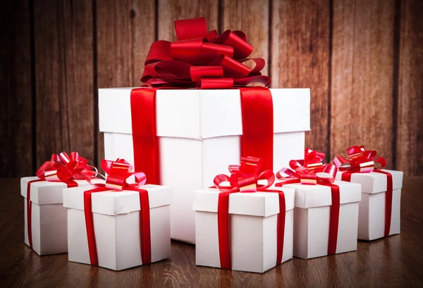 One large white gift box and white gift boxes — Stock Photo, Image