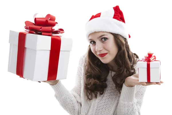 Girl in a white blouse holding gift boxes — Stock Photo, Image