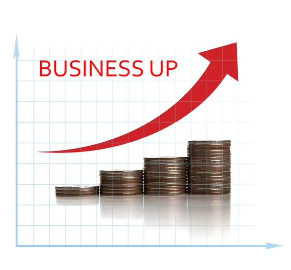 Stack of coins in a row and chart — Stock Photo, Image