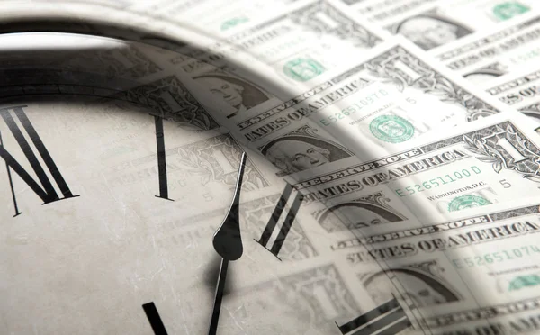 Clock on the background of banknotes dollars — Stock Photo, Image