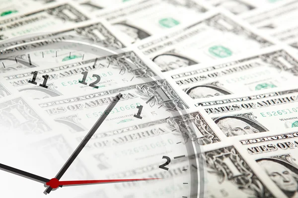 Clock on the background of banknotes dollars — Stock Photo, Image