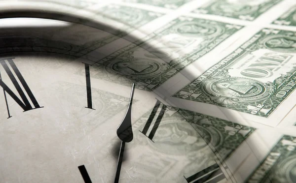 Clock on the background of banknotes dollars — Stock Photo, Image