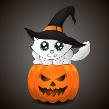 Cadılar Bayramı Balkabağı üzerinde oturan şapkalı kedi. EPS 10.