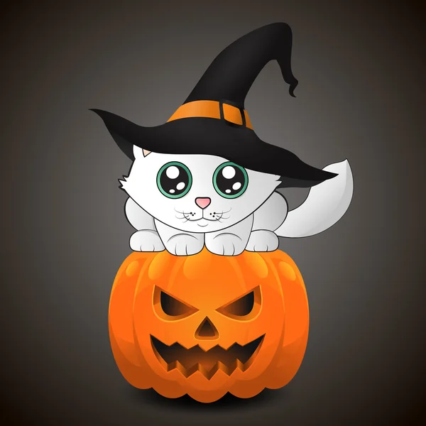 Cadılar Bayramı Balkabağı üzerinde oturan şapkalı kedi. EPS 10.