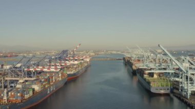 İHA, Long Beach limanına yanaşmış binlerce konteynırı tutan büyük konteynır gemilerinin havadan görüntüsü.