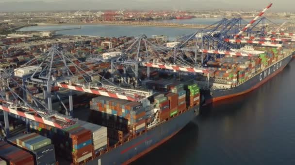 Luftaufnahme Eines Massiven Containerschiffs Das Hafen Von Long Beach Kalifornien — Stockvideo