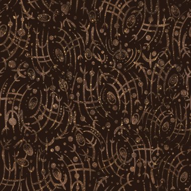 Soyut, pürüzsüz desen. Kahverengi üzerine bej. Suluboya sıçramaları, şablona altın parıltı sıçramaları. Arkaplanda kumaş dokusu.