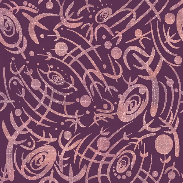 Abstract seamless pattern. Dusty pink on dark purple. Watercolor splashes, glitter dots and threads on pattern. Fabric texture on the background.
