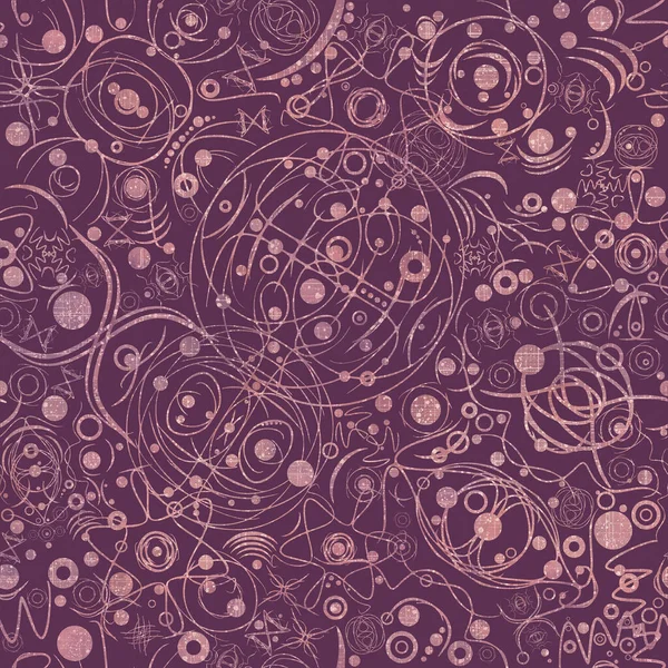 Abstract seamless pattern. Dusty pink on dark purple. Watercolor splashes, glitter dots and threads on pattern. Fabric texture on the background. Symbols, cosmos.