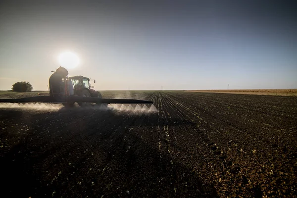Tracteur Pulvérisation Pesticides Sur Terrain Avec Pulvérisateur Colza Oléagineux Engrais — Photo